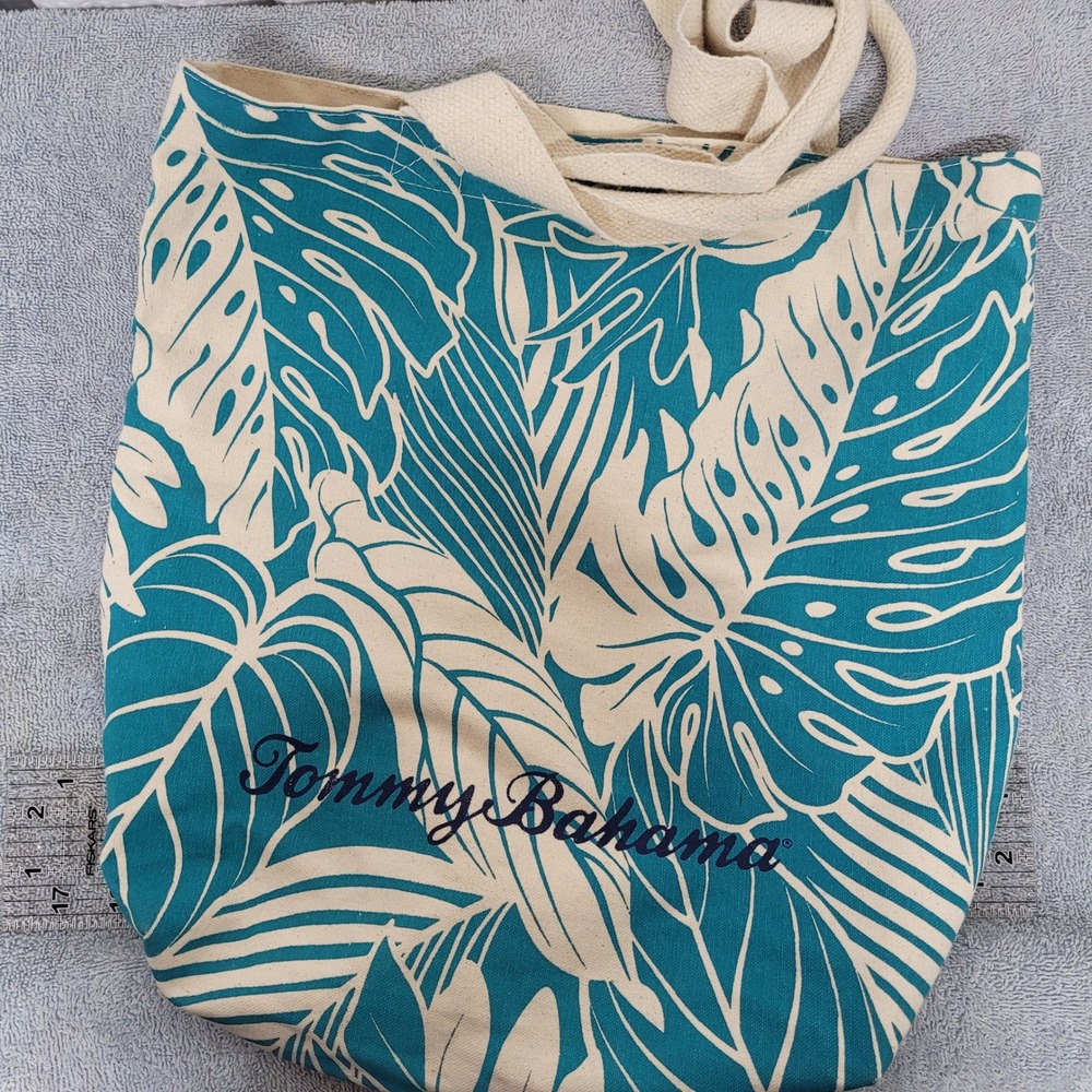 Tommy Bahama Tropical Monstera Leaf Print Teal Canvas Tote Bag Beach Shopper